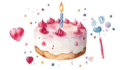 Watercolor illustration of a birthday cake topped with red berries and candles, isolated on a white background.