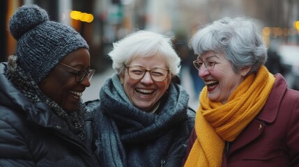 Canvas Print - Three older women laughing and talking on a city street, AI