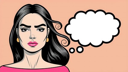 Pop art illustration of a woman with long black hair and a serious expression, with an empty white thought bubble beside her. Ideal for designs needing customizable text areas