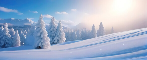 Aufkleber - Beautiful natural panorama of snowy winter forest at dawn. Early morning in nature in rays of rising sun.
