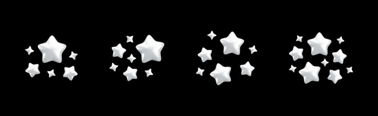 Wall Mural - vector 3d white sparkling star collection on black background. cute realistic cartoon 3d render, sil
