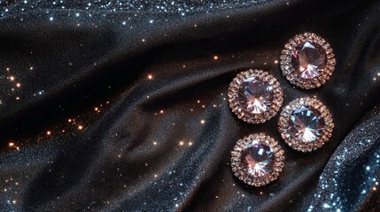 A close-up of sparkling gemstones on a dark, shimmering fabric background, highlighting elegance and luxury.