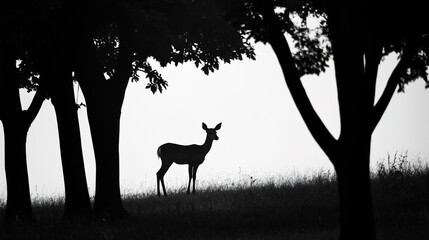 Poster - The silhouette of a deer standing gracefully amidst the dark outline of trees captures the essence of wildlife in this black and white scene.