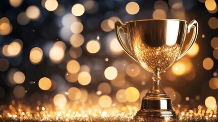 Wall Mural - a shiny golden trophy stands against a backdrop of blurred, sparkling lights, symbolizing achievemen