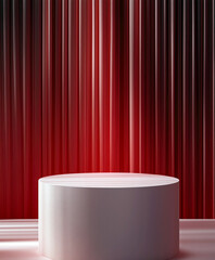 White round podium displaying on red curtain background