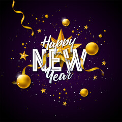 Wall Mural - 2025 Happy New Year Illustration with White Typography Lettering, Golden Star and Christmas Ball on Dark Background. Holiday Design with Falling Serpentine for Flyer, Banner, Greeting Card