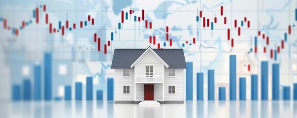 A miniature house stands before a backdrop of financial graphs, symbolizing the housing market and economic trends.