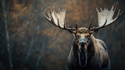 Canvas Print - A close up of a moose with large antlers standing in front of trees, AI