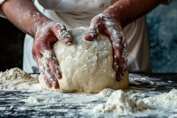 Hands Kneading Dough on Floured Surface: Artisanal Baking Process in Rustic Kitchen Setting