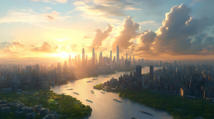 Poster - A breathtaking aerial view of a bustling city at sunset with skyscrapers, a river, and fluffy clouds.