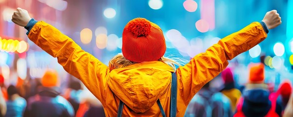 A joyful person in a bright orange jacket and hat celebrating in a vibrant crowd, embodying happiness and togetherness.