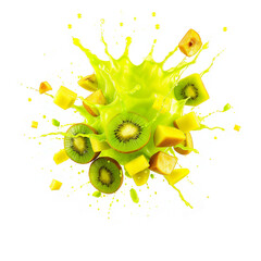 Kiwi and Mango Slices Splashing in Bright Green Liquid