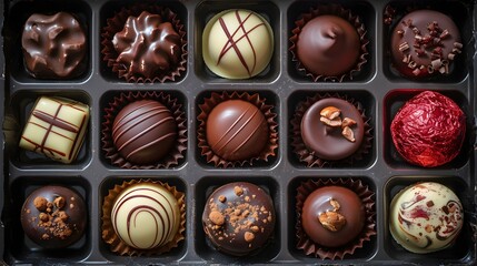 A box of artisanal Hand-crafted Chocolates, Valentine's Day, desserts, sweets, sweet tooth, close up HD, banner wallpaper background