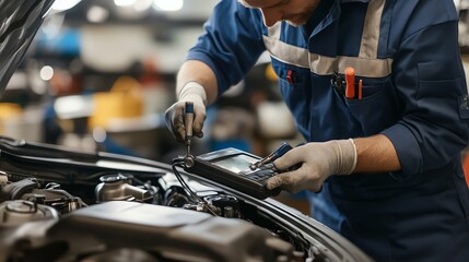 A mechanic is working on the engine of a car.