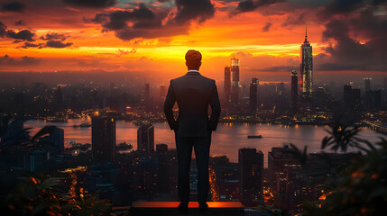 Sticker - A businessman stands on a rooftop overlooking a cityscape at sunset.