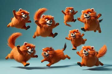 Wall Mural - Playful 3D Orange Furry Creatures Jumping and Dancing on Transparent Background