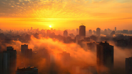 Sticker - A city skyline emerges from the mist, bathed in the warm glow of sunrise.