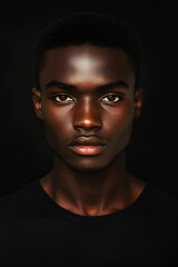 Young African American male model with short curly hair looking at camera on dark background in studio