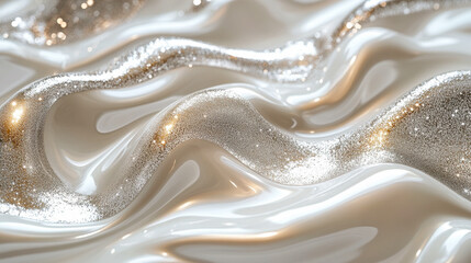 Poster - Elegant Fluid Art in Beige and Silver Tones with Shiny Waves and Liquid Marble Texture for Modern and Luxurious Background Design