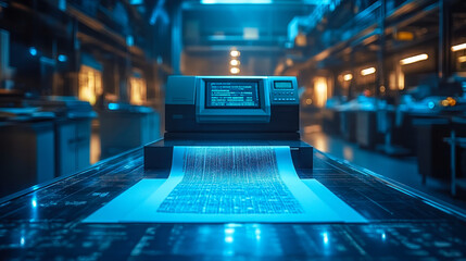 Poster - high-tech document digitization process with ai in modern office setting at night