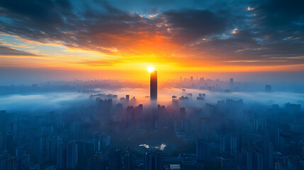 Wall Mural - A city skyline with a tall building rising above the clouds as the sun rises behind it.