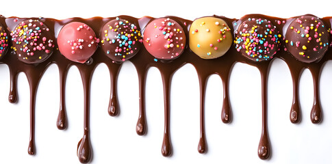 Wall Mural - Flowing colorful chocolate drips, melting, isolated on a clean white backdrop