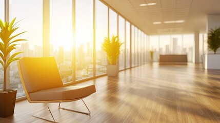 Wall Mural - A sunlit modern office space featuring a stylish chair and large windows with a city view.