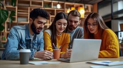 Wall Mural - Four People Focused on a Laptop at a Wooden Table