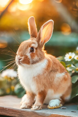 Poster - A small brown and white rabbit sitting on top of a wooden table