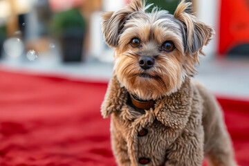 Poster - A small dog wearing a fur coat standing on a red carpet