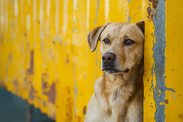 Canvas Print - A dog peeking out from behind a yellow fence