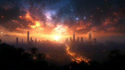 Sticker - A cityscape with a vibrant sunset and a starry sky.