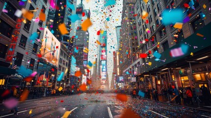 Spectacular view of the Macy's Thanksgiving Day Parade with multi-colored confetti raining down on Manhattan's bustling streets isolated on a gradient background