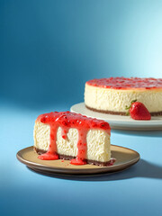 Poster - A slice of cheesecake on a small yellow dessert plate on a blue background