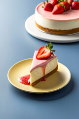Poster - A slice of cheesecake on a small yellow dessert plate on a blue background