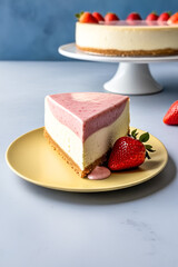 Poster - A slice of cheesecake on a small yellow dessert plate on a blue background
