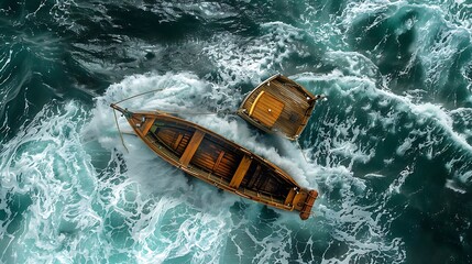 Wall Mural - An old oak cruising boat is shown in the bottom view facing harsh windy waves