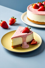 Poster - A slice of cheesecake on a small yellow dessert plate on a blue background