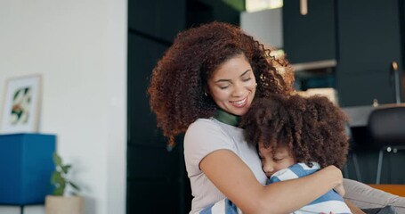 Sticker - Woman, boy child and hug in house for love or wellness, relationship with trust in apartment. Mama, happy kid and together with relax in lounge for mothers day, black people with care in family home