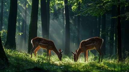 Two deer grazing peacefully in a serene forest setting under soft natural light, creating a tranquil atmosphere. 