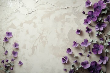 Wall Mural - A wall with a white background and purple flowers. The flowers are scattered all over the wall, creating a sense of movement and life