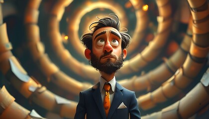 Canvas Print - Contemplative Cartoon Businessman Lost in Swirling Spirals of Thought