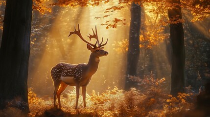 Sticker - Majestic deer in a serene forest illuminated by sunlight, showcasing nature's beauty and calm atmosphere.