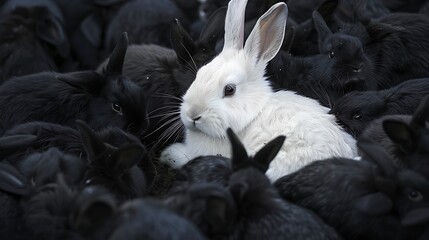 Photograph of a white rabbit self grooming in the company of black rabbits