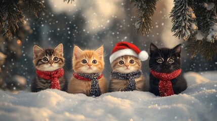 Wall Mural - Four cute cats with vibrant scarves sit in the snow by a pine tree, capturing the joy of winter. One kitten wears a Santa hat, adding festive cheer to the winter scene