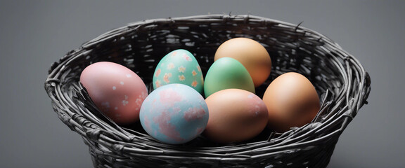 Set Easter eggs in a black basket transparent background