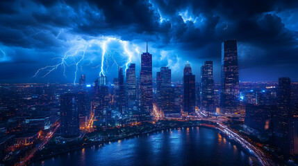 A dramatic thunderstorm rages over a modern cityscape, with lightning illuminating the towering skyscrapers and urban sprawl.