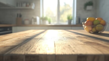 Empty wood table in a modern kitchen with sunlight, blurred appliances, and a fresh morning ambiance.