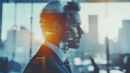 Wall Mural - Businessman with double exposure and a blurred office background, with 70% copy space on the right, emphasizing a corporate and clean look.