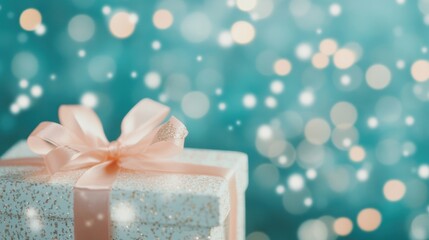 Wall Mural - A delicate gift box with a luxurious ribbon rests on a sparkling bokeh backdrop, evoking feelings of celebration and joy